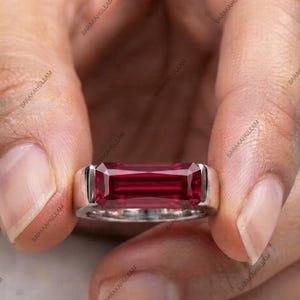 Ruby Unisex Ring 925 Sterling Silver, Emerald Cut Ruby Signet Ring, Minimalist Ruby Band Ring, July Birthstone Ring, Men's Ruby Ring,