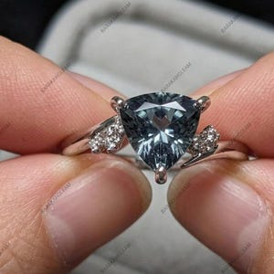 Grey Spinel Ring 925 Sterling Silver, Trillion Cut Engagement Ring, Unique Bypass Promise Ring, Diamond Accent Ring, Gift for Her