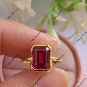 Ruby Ring 925 Sterling Silver, Emerald Cut Ruby Bezel Ring, Gold Plated Solitaire Ring, Minimalist Ruby Engagement Ring, July Birthstone