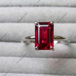Ruby Ring 925 Sterling Silver, Emerald Cut Ruby Solitaire Ring, July Birthstone Ring, Minimalist Engagement Ring, Gift for Her