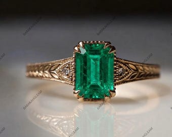 Emerald Statement Ring Emerald Cut Colombian Emerald Stone 925 Sterling Silver Ring Vintage Leaf Band Cocktail Gemstone Ring Gift For Women