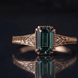 Chrome Tourmaline Ring 925 Sterling Silver Emerald Cut Chrome Tourmaline Ring Vintage Leaf Design Ring Statement Gemstone Engagement Ring