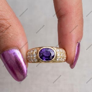 Amethyst Sterling Silver Ring, Wide Cigar Band Ring, Oval Purple Gemstone Ring, Gold Vermeil Statement Ring, Bezel Set Amethyst