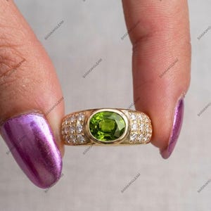 Peridot Sterling Silver Ring, Oval Bezel Set Green Gemstone Band Ring, Wide Statement Ring, August Birthstone Gift for Women
