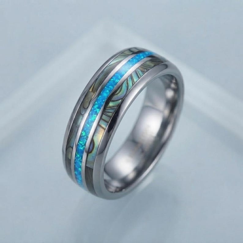 Abalone Shell Blue Opal Tungsten Ring, 8mm Silver Tone Comfort Fit ...