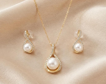Infinity Pearl Schmuckset, Halskette und Ohrringe aus 14-karätig vergoldetem Sterlingsilber