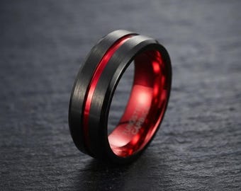 Black Tungsten Ring, Red Groove Wedding Band, Brushed Matte Finish, Comfort Fit