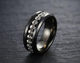 Black Tungsten Skull Ring, 8mm Mens Gothic Jewelry, Punk Rock Engagement Gift