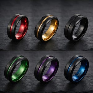 Svart volframring, rödblå guldgrön lila groove vigselring, mattsvart armband, 8 mm Comfort Fit, Gamer Promise-ring