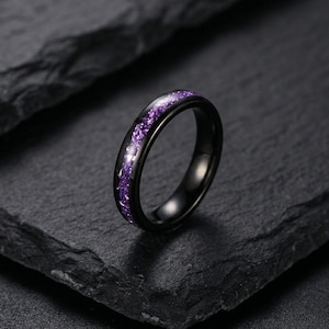4mm Purple Amethyst Ring, Black Wedding Band for Women, Personalized Anniversary Gift for Her, Womens Dainty Stackable Ring