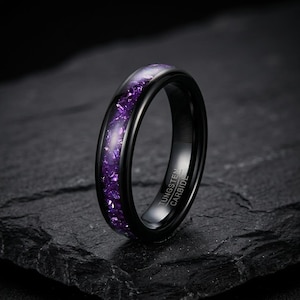 Ring met paarse amethist van 4 mm, zwarte trouwring voor dames, gepersonaliseerd jubileumcadeau voor haar, subtiele stapelbare ring voor dames