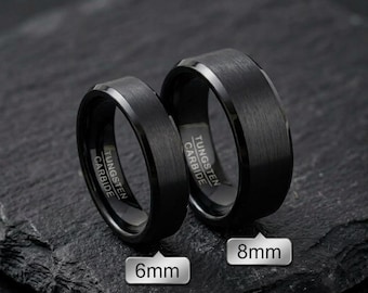 Bague en carbure de tungstène noir 8 mm x 6 mm, alliance mate brossée, confort optimal, bords polis