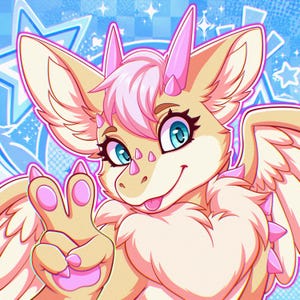May include: A digital illustration of a cream-colored, furry creature with large teal eyes, pink hair, and small pink horns. The creature has wings, a small tail, and is making a peace sign with one hand while sticking its tongue out slightly.