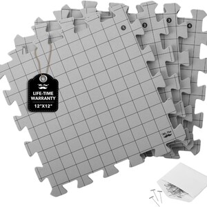 May include: A set of interlocking gray foam mats featuring a black grid pattern. Each square mat measures 12 inches by 12 inches. A black tag attached to the top mat displays the text Mr. Pen, LIFE-TIME WARRANTY, and 12"X12". A small bag of T-pins is included.