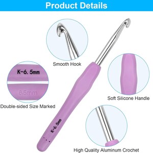 May include: A 6.5mm crochet hook featuring a metallic silver aluminum tip and a light purple soft silicone handle. The handle displays the text K-6. 5mm on both sides, highlighting the size and the ergonomic design of the crafting tool.
