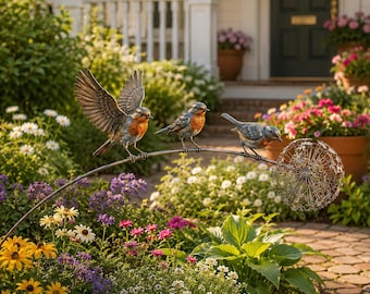 Metal Robin Dandelion Garden Stake, Three Robins Wire Sculpture, Weatherproof Yard Art, Bird Lover Outdoor Lawn Decor Gift