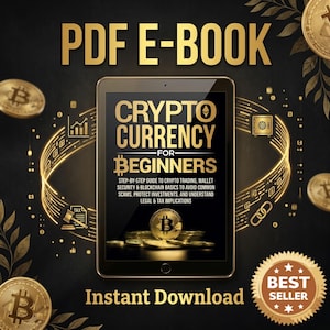 May include: A digital tablet displaying a PDF e-book titled Cryptocurrency for Beginners, featuring gold text on a black background. The screen shows a stack of gold bitcoin coins and text about trading, security, and tax, with a best seller badge.