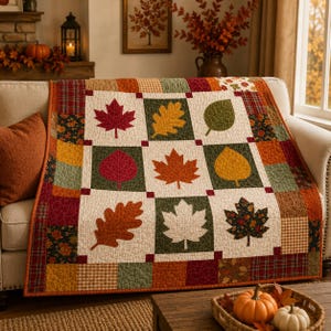 Patchwork-Steppdecke mit Herbstlaubmuster, rustikale Überwurfdecke mit Herbstmotiv, gemütliche saisonale Wohndekoration