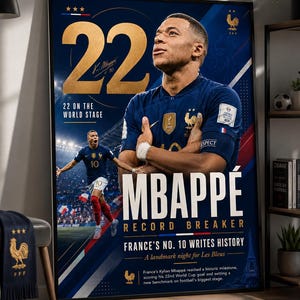 May include: A framed poster featuring Kylian Mbappé in a blue French soccer jersey. The design includes the large gold number 22, the text 'MBAPPÉ RECORD BREAKER', '22 ON THE WORLD STAGE', and 'FRANCE'S NO. 10 WRITES HISTORY' on a dark blue background.
