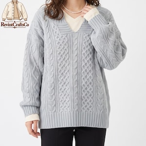 Pull en grosse maille torsadée pour femme, coupe ample et décontractée, col en V cranté, idéal pour l'automne et l'hiver