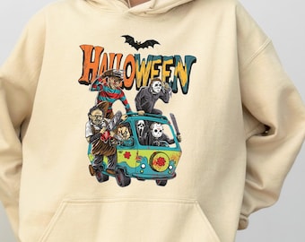 Halloween Horror Movie Mystery Van Hoodie, Retro Spooky Characters Sweatshirt