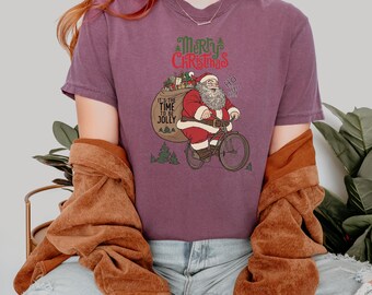 Retro Santa Riding Bike Christmas T-Shirt, Vintage Comfort Colors Xmas Tee