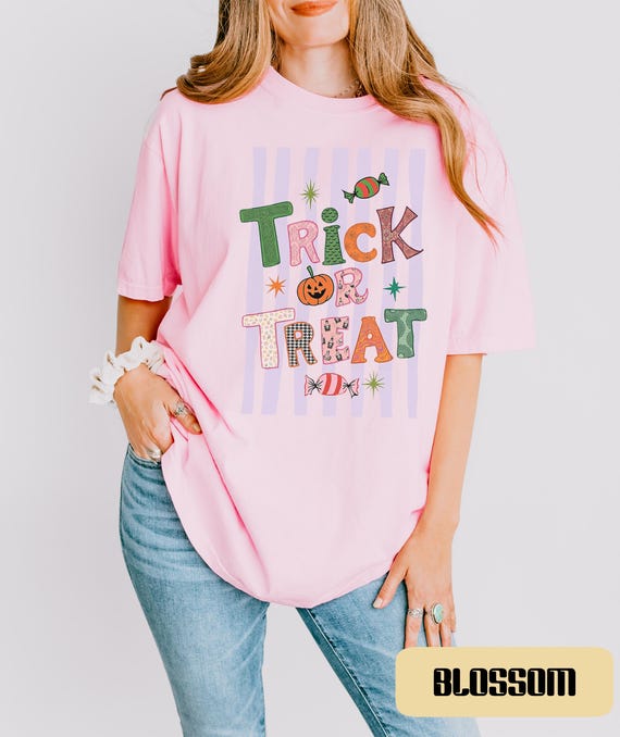 Pink Trick or Treat Shirt, Comfort Colors 1717 Ghost Tee, Retro Spooky Season Top