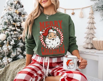 Retro Santa Christmas Sweatshirt, Groovy Merry Christmas Crewneck, Vintage Santa Claus Shirt, Checkered Holiday Sweater, Women Xmas Gift