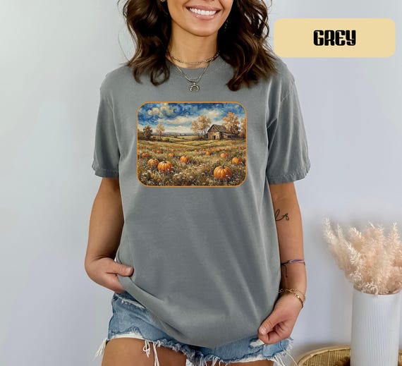 Oversized Pumpkin Patch Graphic Tee | Van Gogh Style Autumn Landscape Shirt