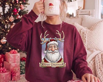 Reindeer Santa Christmas Sweatshirt, Funny Santa Antlers Shirt, Merry Christmas Crewneck, Retro Holiday Sweater, Vintage Xmas Pullover Gift