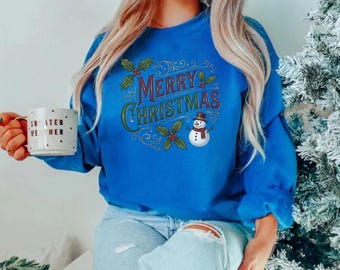 Vintage Merry Christmas Sweatshirt, Victorian Holly Snowman Crewneck, Classic Christmas Sweater, Retro Holiday Pullover, Women Xmas Gift
