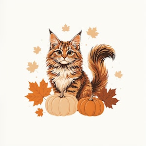 May include: A fluffy brown tabby cat with tufted ears sits between two pumpkins, one light beige and one orange. The scene is decorated with several scattered orange and brown maple leaves against a plain white background.