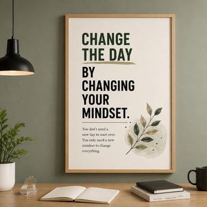 May include: A framed wall art print featuring the text CHANGE THE DAY BY CHANGING YOUR MINDSET, followed by smaller text: You don't need a new day to start over. You only need a new mindset to change everything. A watercolor leaf illustration is included.