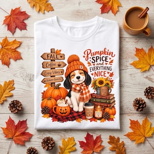 Puede incluir: Una camiseta blanca con el gráfico de un cachorro beagle que lleva un gorro de punto naranja y una bufanda de cuadros. El diseño incluye calabazas, una pila de libros, una taza de café y el texto Pumpkin Spice and Everything Nice.