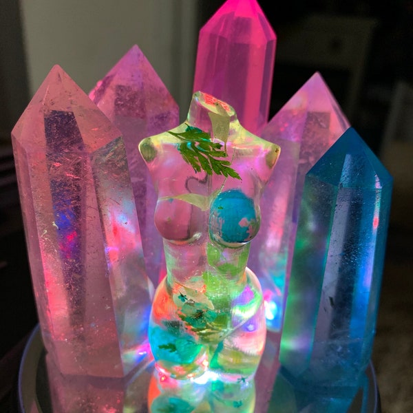 Mini Meditation Center with Rainbow Quartz Points, One of a kind Resin Bodice, LED Color Changing Mirror Base for Reiki, Anxiety, Yoga