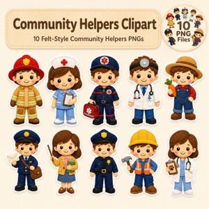 Puede incluir: Una colección digital de 10 ilustraciones de trabajadores comunitarios en estilo fieltro, incluyendo bombero, enfermero, paramédico, médico, granjero, cartero, maestro, policía, obrero y veterinario, etiquetada como Community Helpers Clipart.