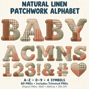 Puede incluir: Un conjunto gráfico digital titulado NATURAL LINEN PATCHWORK ALPHABET con letras, números y símbolos en estilo patchwork con patrones de cuadros y rayas en marrón, verde y crema. Incluye 80 archivos PNG de 3000 x 3000 px.