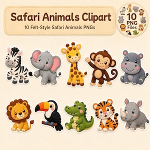 Paquete de imágenes prediseñadas de animales de safari en fieltro, 10 imágenes PNG de la jungla para manualidades en el aula.
