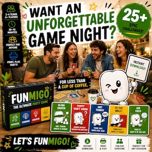 May include: A Funmigo party game set featuring a black box with colorful icons, five illustrated challenge cards in green, red, blue, yellow, and green, and a cartoon character holding an instant download sign, all displayed with game text.