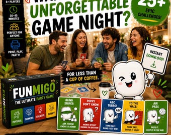 FUNMIGO Ultimate Party Game | 25 Challenge Cards | Family Game Night | Team Building | Printable PDF | QR Games