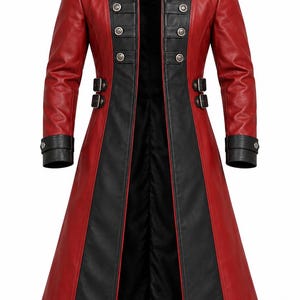 Men’s Red & Black Leather Gothic Coat – Steampunk Trench Coat