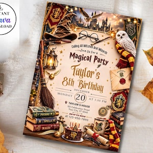Può includere: Un invito rettangolare a tema magico con un cappello parlante, occhiali rotondi, una scopa, un gufo bianco e libri impilati. Il testo recita: Calling All Witches And Wizards Join Us For A Magical Party Taylor's 8th Birthday.