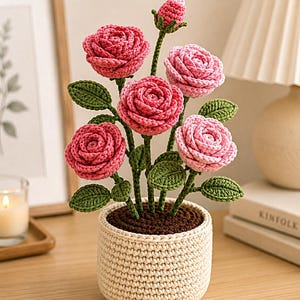 Crochet Rose Plant  PDF Pattern, Potted Flower Arrangement , Digital Download
