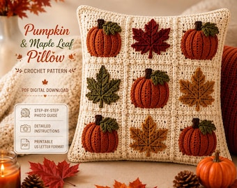 May include: A square crochet pillow featuring a grid of nine squares with alternating textured orange pumpkins and various autumn leaves in shades of red, brown, and green on a cream background, with text detailing a PDF crochet pattern.