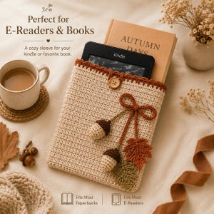 Op de afbeelding: Een beige gehaakte hoes voor e-readers en boeken, voorzien van een houten knoopsluiting en decoratieve garenapplicaties van twee eikels en twee bladeren. De hoes bevat een zwarte e-reader en een boek met de titel Autumn Days.