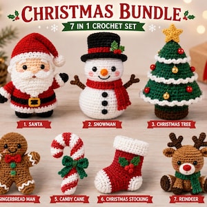 Peut inclure: Un ensemble de 7 crochets intitulé CHRISTMAS BUNDLE comprenant sept figurines faites à la main : un Père Noël, un bonhomme de neige avec un chapeau noir, un sapin de Noël vert avec une étoile jaune, un bonhomme en pain d'épice, une sucette, une chaussette rouge et un renne.
