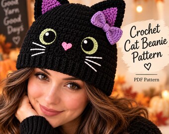 Molde de gorro de gato preto em crochê em PDF, chapéu kawaii de Halloween (download digital)