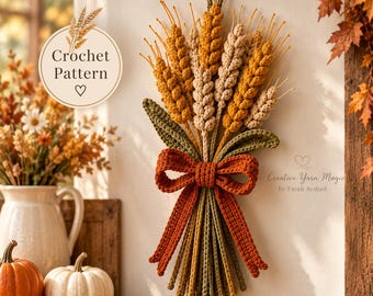 Crochet Wheat Bundle Wall Hanging Pattern, Fall Harvest Decor (PDF Download)