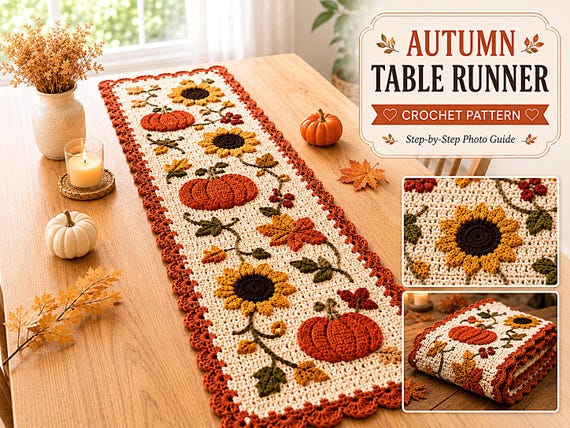Autumn Harvest Table Runner Crochet Pattern,  autumn Fall Décor, Step-by-Step Digital PDF