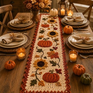 May include: A rectangular crochet table runner featuring an off-white base with a scalloped rust-colored border. The design includes appliqued motifs of orange pumpkins, yellow sunflowers, and multi-colored autumn leaves arranged along a vine.
